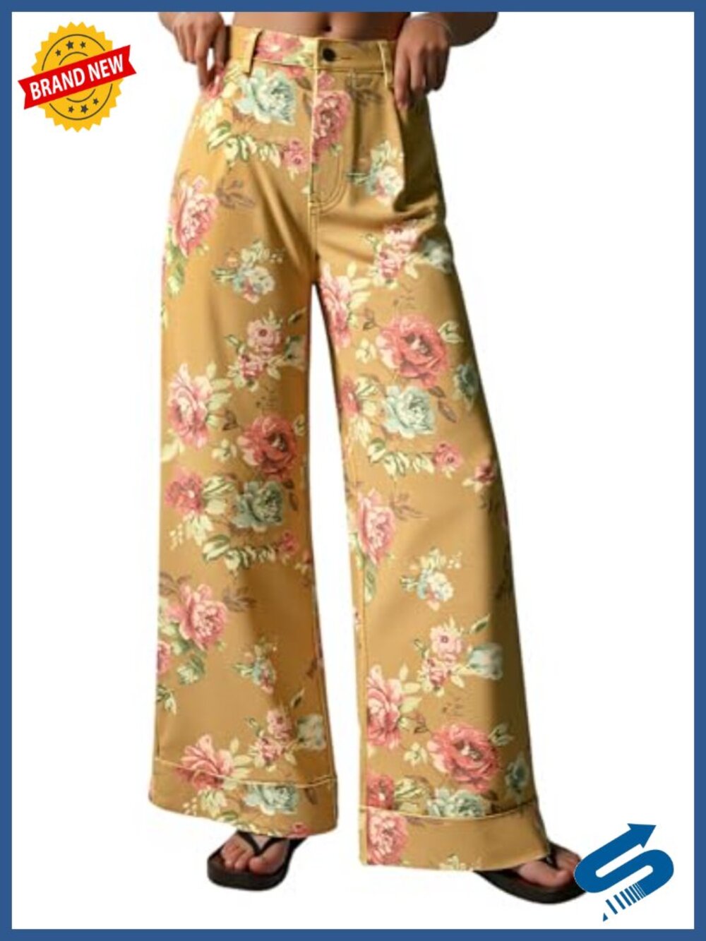 Floral Baggy Wide Leg Jeans High Waisted Cotton Blend Denim Women's